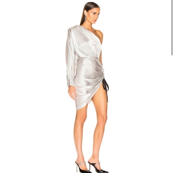 Retrofete Silver Silk Asymmetrical Ruched Neva Dress. Size XS - Picture 5 of 15